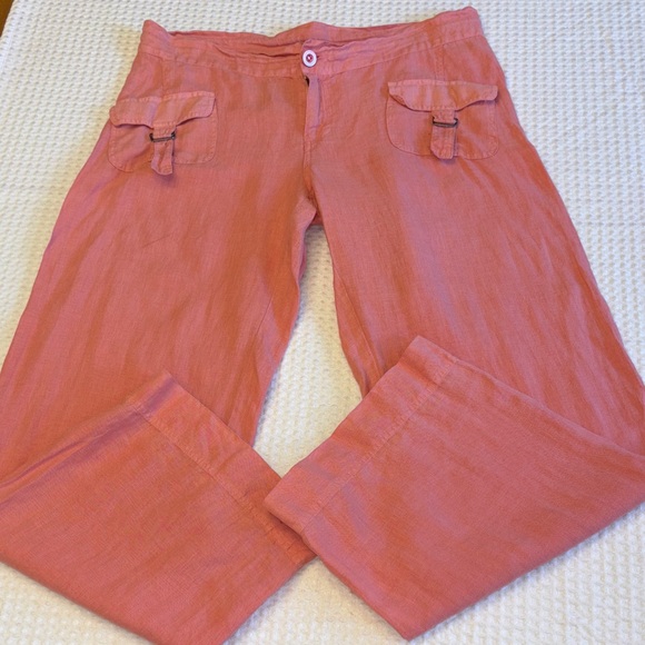 Johnny Was Pants - Johnny Was Size MEDIUM Coral Pink Linen Wide Leg Button-Front Pants